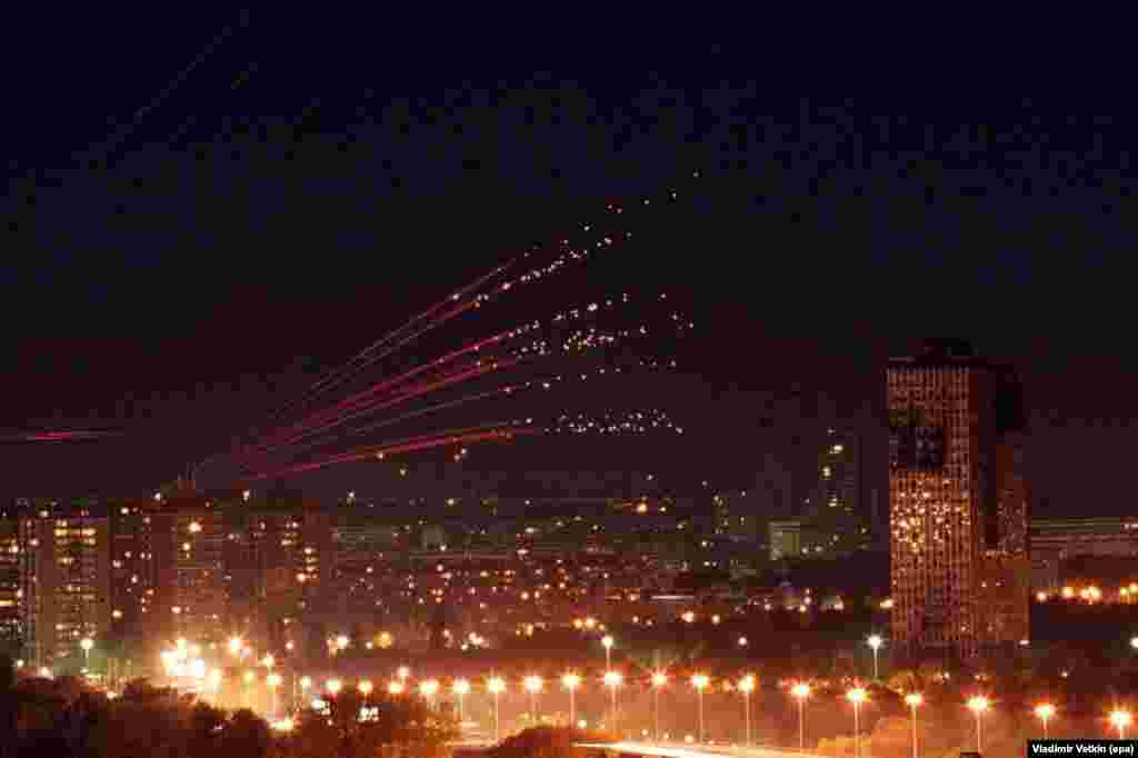 Anti-aircraft tracer fire is seen over Belgrade on the night the General Staff Building was hit by two separate NATO missile strikes late on April 29, 1999.The attacks came during the military bloc's bombing campaign of Yugoslavia during the Kosovo War.