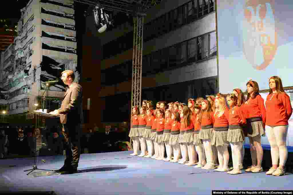 Alexander Vucic, who was prime minister at the time, speaks at a memorial event marking the NATO bombing of Yugoslavia, in front of the bombed General Staff Building in April 2015.During the event Vucic, who is currently Serbia's president, told the crowd, "A successful, well-organized and decent country is our victory. Every building we erect, every road we build, every factory we build is our victory."
