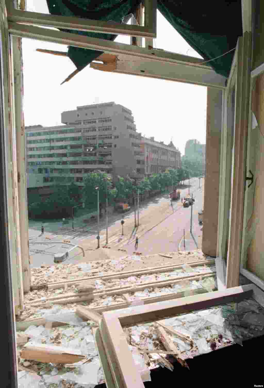The view from the office of Yugoslav Foreign Minister Zivadin Jovanovic, which was damaged during the April 1999 strikes on the General Staff Building.In 2005, the damaged building was given protected status as a cultural heritage site but left largely in ruins.