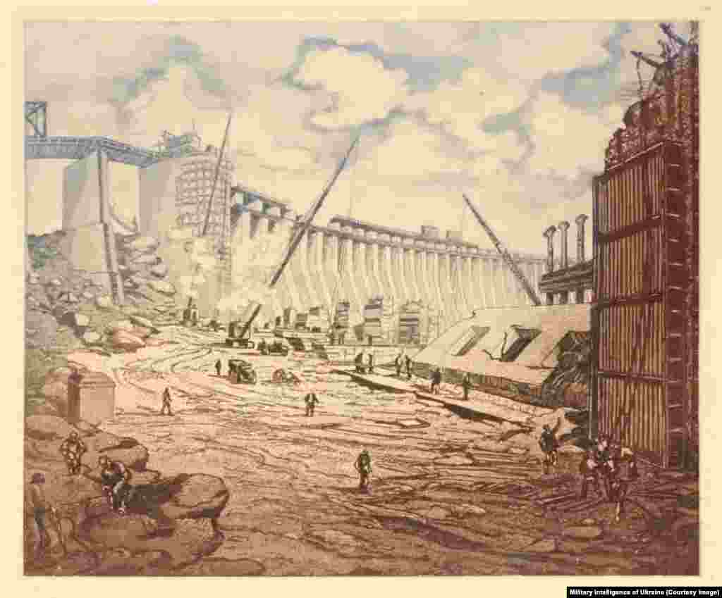 DniproHES, a 1951 etching by Oleksandr Pashchenko, depicts construction of the Dnieper Hydroelectric Station.
