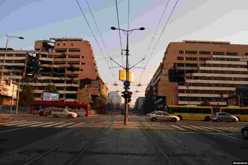 The war-scarred former military headquarters photographed in 2014.The derelict headquarters became a de facto memorial to those killed during the Western-led air campaign in Serbia. 