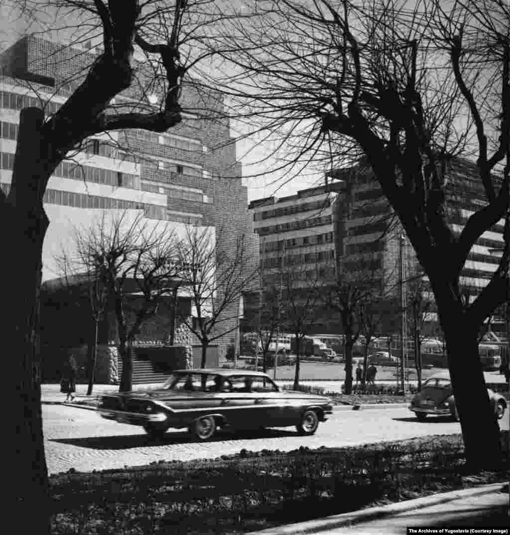 The General Staff Building in central Belgrade photographed soon after its completion in 1965.The building was made to house the headquarters of the Yugoslav military and designed to mimic the canyons surrounding the Sutjeska River in today's Bosnia and Herzegovina, where a key World War II battle took place.