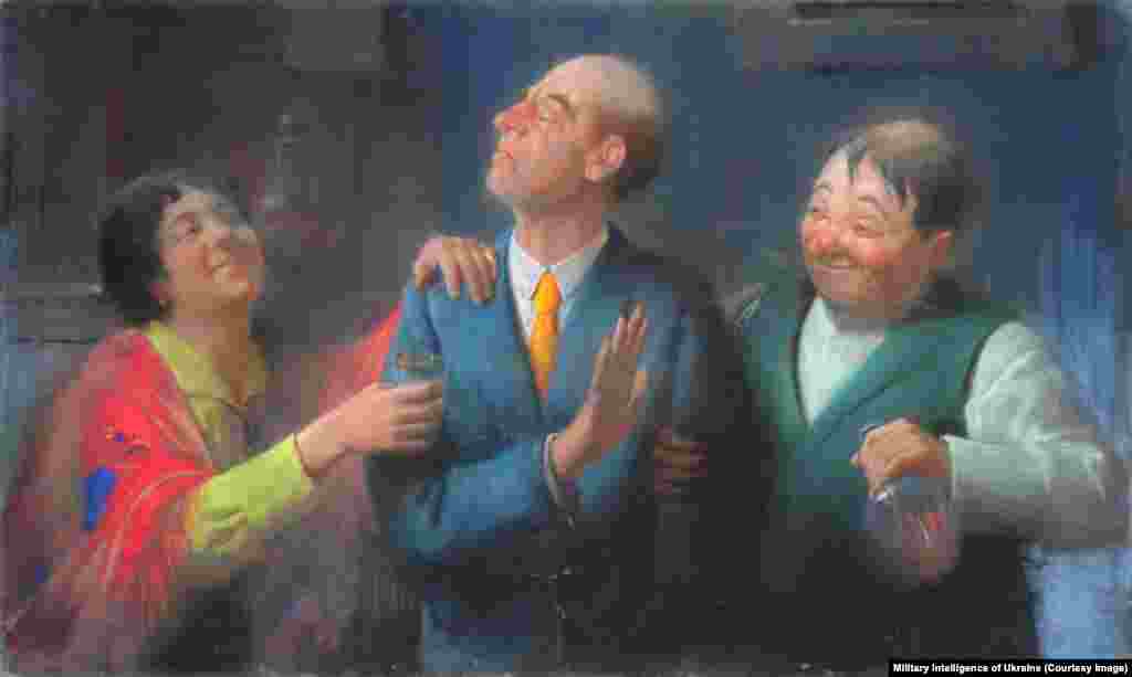 Drunkards, an undated painting by Vladyslav Izmailovych.The paintings were mostly from Kherson's Regional Art Museum, where artwork was systematically removed and stolen by occupying Russian forces.