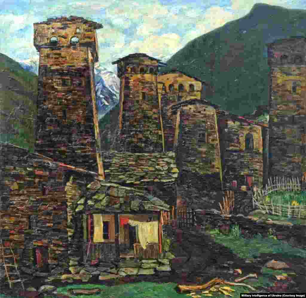 A 20th century painting of Georgia's mountain village of Ushguli by Valery Szeged.