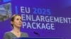 European Commission Vice President Kaja Kallas presents the European Union's annual enlargement package in Brussels on November 4. This year's report took on a distinctly geopolitical tone.