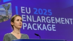 European Commission Vice President Kaja Kallas presents the European Union's annual enlargement package in Brussels on November 4. This year's report took on a distinctly geopolitical tone.