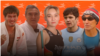 Tajik judoka Somon Mahmadbekov (left), Turkmen Aikido master Murad Kurbanov (second left), Kyrgyz Paralympian Gulnaz Juzbaeva (center), Uzbek soccer star Abdukodir Khusanov (second right), and Kazakh long-distance runner Dosmukhamed Tolegenov (composite file photo)