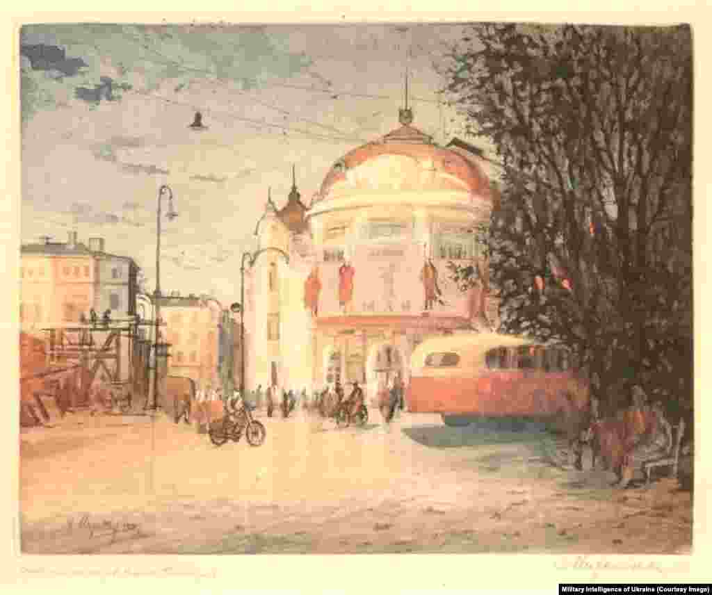 The theater in the seaside Bulgarian city of Varna is depicted in a 1957 artwork.